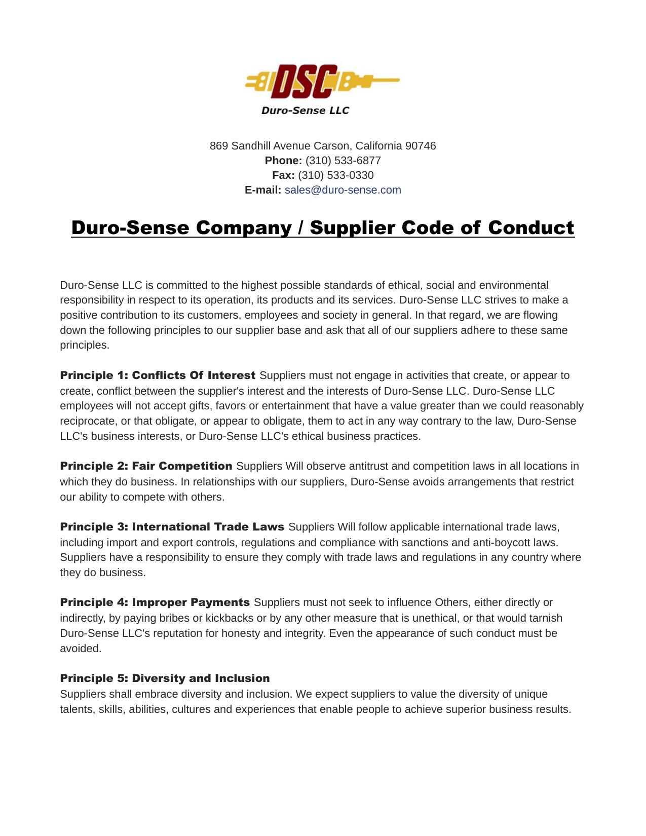 Duro-Sense Company / Supplier Code of Conduct